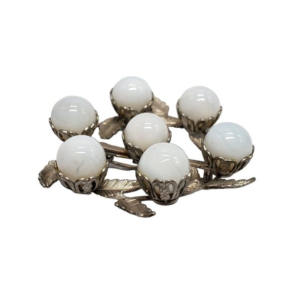 Vtg Milk Glass Floral Wreath Brooch Opalescent White Glass Pearls and Leaves - Picture 4 of 7